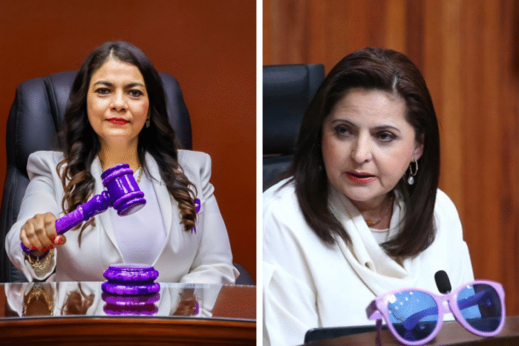 Gafas moradas y mazo morado